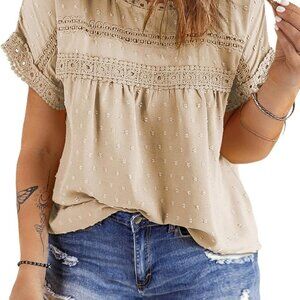 Women Plus Size Tops Crewneck Short Sleeve Lace Crochet Loose Casual Summer Blou